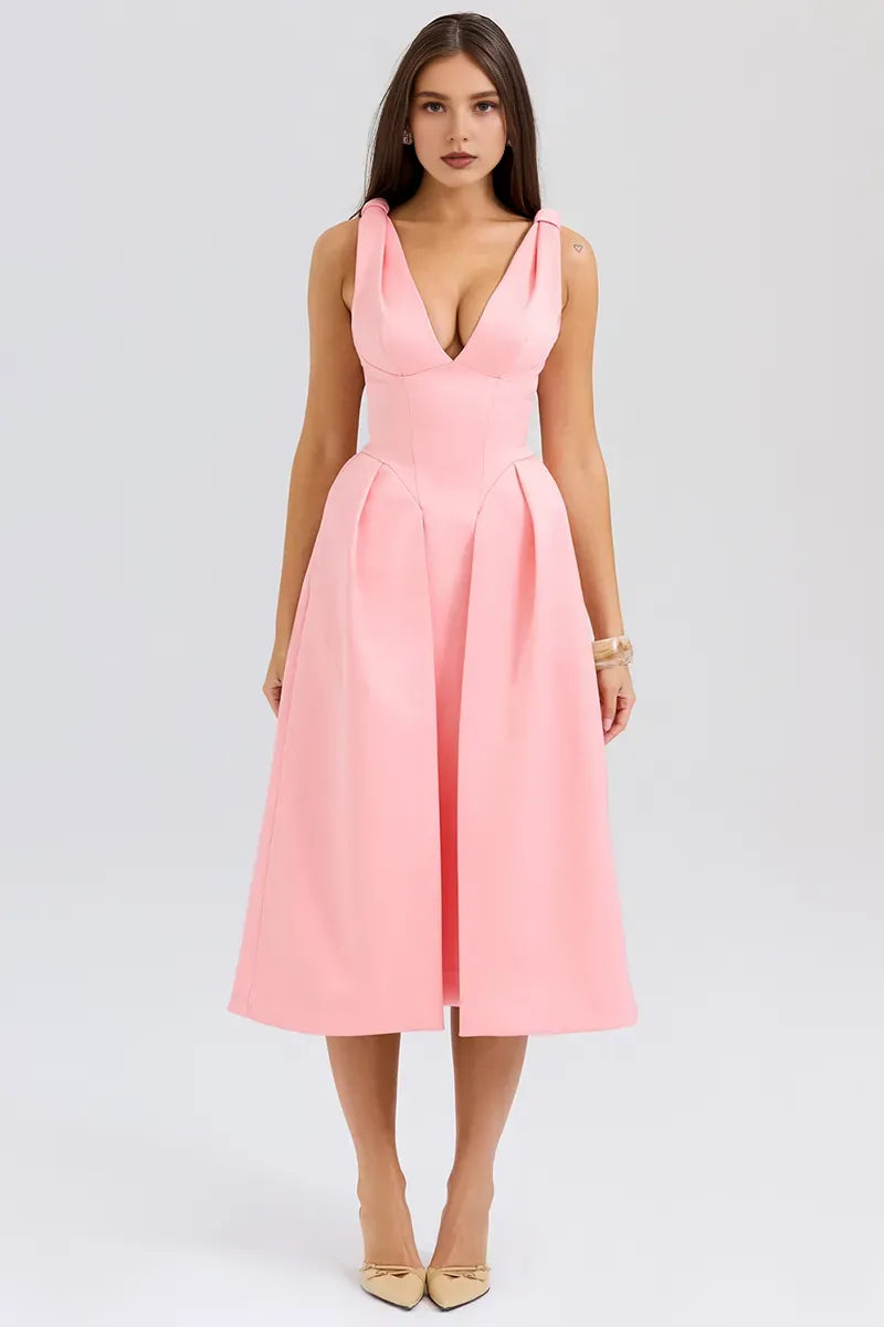 Robe Weitese trapèze/princesse simple, décolleté en V profond, taille cintrée, satin, mi-longue, robe de bal rose
